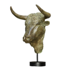 TESTA DI TORO BRONZE SCULPTURE with green-brown patina, curved horns, and textured musculature on black circular display base