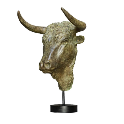 TESTA DI TORO BRONZE SCULPTURE with green-brown patina, curved horns, and textured musculature on black circular display base