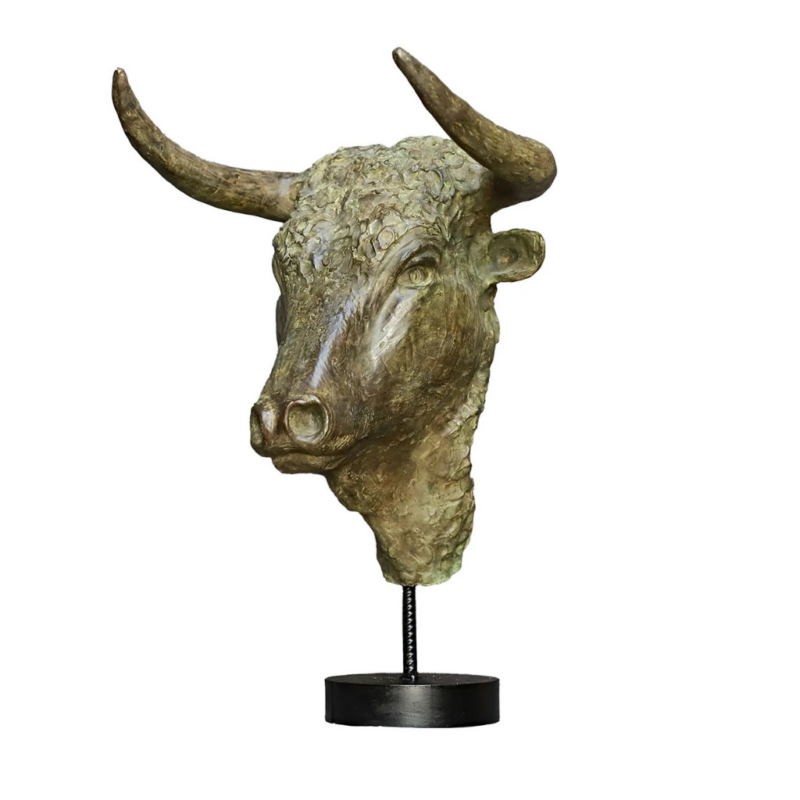 TESTA DI TORO BRONZE SCULPTURE with green-brown patina, curved horns, and textured musculature on black circular display base