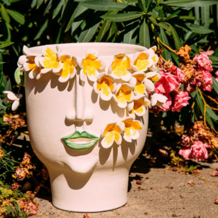 FRANGIPANI SCULPTURE CERAMIC VASE with hand-applied orange Plumeria flower crown and green painted lips