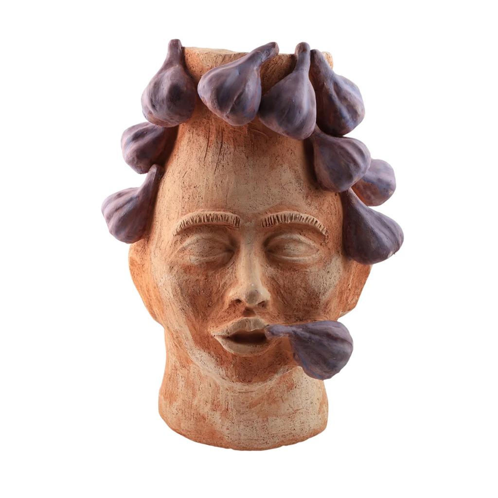 LA GRANDE GOLOSA CON FICHI FIGURATIVE VASE with closed eyes, etched brows, open mouth, and sculpted purple fig reliefs crowning the head LA GRANDE GOLOSA CON FICHI FIGURATIVE VASE with closed eyes, etched brows, open mouth, and sculpted purple fig reliefs crowning the head