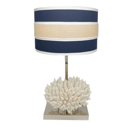 CORAL WHITE AND BLUE TABLE LAMP on polished nickel square brass base with navy blue and natural woven rattan stripe drum shade