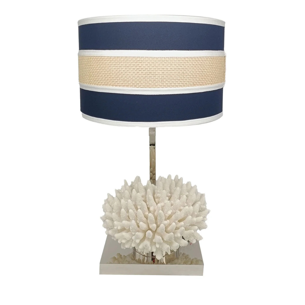 CORAL WHITE AND BLUE TABLE LAMP on polished nickel square brass base with navy blue and natural woven rattan stripe drum shade CORAL WHITE AND BLUE TABLE LAMP on polished nickel square brass base with navy blue and natural woven rattan stripe drum shade