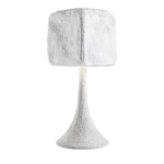 CERAMIC TABLE LAMP WITH TEXTURED WHITE GLAZE with rough porous plaster-textured square shade on a flared trumpet pedestal base
