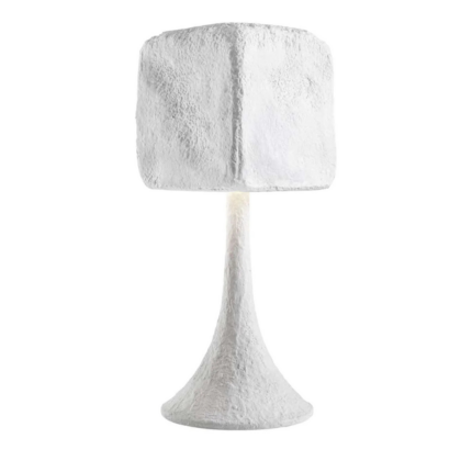 CERAMIC TABLE LAMP WITH TEXTURED WHITE GLAZE with rough porous plaster-textured square shade on a flared trumpet pedestal base