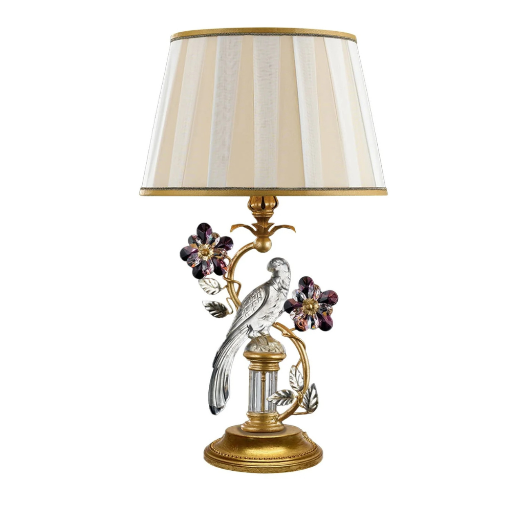 1406 BIRD TABLE LAMP with silver crystal bird on branch, amethyst crystal floral blooms, and cream striped tapered fabric shade 1406 BIRD TABLE LAMP with silver crystal bird on branch, amethyst crystal floral blooms, and cream striped tapered fabric shade