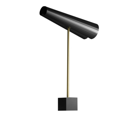 WALL Y 2 LIGHT BLACK TABLE LAMP BY MICHELE REGINALDI on slim brass gold stem with cubic black base