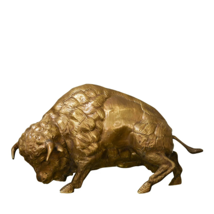 BIG BISON BRASS SCULPTURE in charging stance with textured curly mane, detailed musculature, and hooves