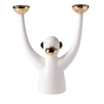 ZEE WHITE CANDLE HOLDER with both arms raised, two gold bowl candle cups, and gold face and ear accents