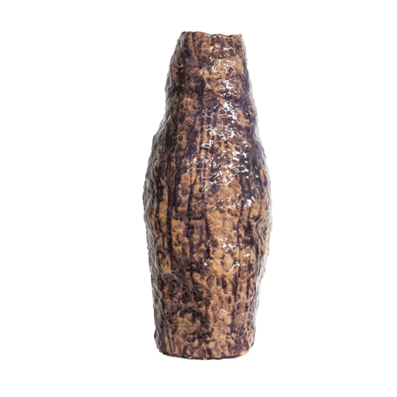 PASTICHE LARGE PURPLE GLAZED TERRACOTTA DECORATIVE SCULPTURE 4 with glossy amber and deep purple mottled glaze, narrow neck, and textured organic surface