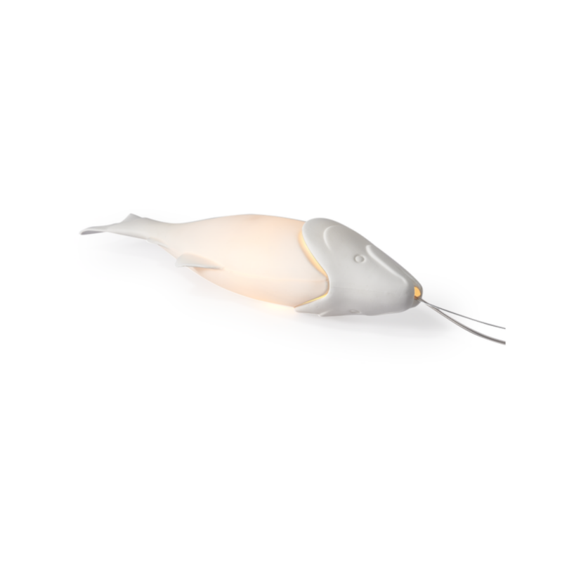 MYKISS FISH PENDANT LIGHT BY MINKE VAN VOORTHUIZEN glowing warm amber from within with long silver wire whiskers