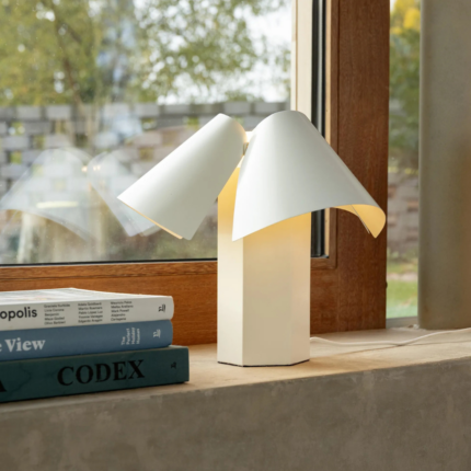 TABLE LAMP BELN OFF WHITE with solid hexagonal rectangular block base and three softly rolled overlapping curved metal shade panels
