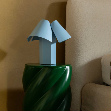 TABLE LAMP BELN POWDER BLUE with hexagonal rectangular block base and three overlapping softly rolled curved shade panels