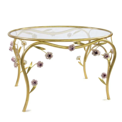 CAMELIA COFFEE TABLE GOLD PINK with 24ct gold plated brass vine frame and hand-painted porcelain camellia flowers on glass top, handmade in Italy