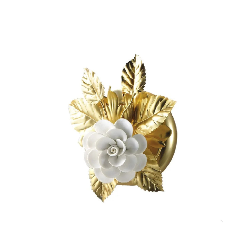 MARIE ANTOINETTE WALL LIGHT WHITE with 24ct gold plated brass leaves and white handmade porcelain rose, Versailles-inspired, handmade in Italy MARIE ANTOINETTE WALL LIGHT WHITE with 24ct gold plated brass leaves and white handmade porcelain rose, Versailles-inspired, handmade in Italy