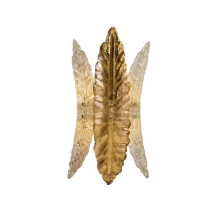CHER WALL LIGHT CHAMPAGNE GOLD with champagne mouth-blown Murano glass feather shades and 24ct gold brass centre leaf, handmade in Italy, H44 x L27 x W15 cm