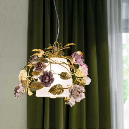 MARIE ANTOINETTE PENDING LIGHT GOLD PINK — 24ct gold-plated brass with handmade pastel pink porcelain roses, handmade in Italy, H25 x Ø35 cm