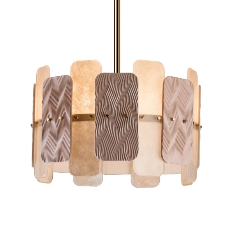 MIKADO BLUSH CHANDELIER 6 LIGHTS — cylindrical brass frame with alternating Murano glass and wavy porcelain tiles in pink, handmade in Italy