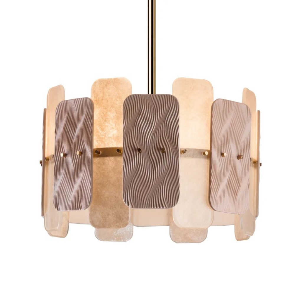 MIKADO BLUSH CHANDELIER 6 LIGHTS — cylindrical brass frame with alternating Murano glass and wavy porcelain tiles in pink, handmade in Italy MIKADO BLUSH CHANDELIER 6 LIGHTS — cylindrical brass frame with alternating Murano glass and wavy porcelain tiles in pink, handmade in Italy