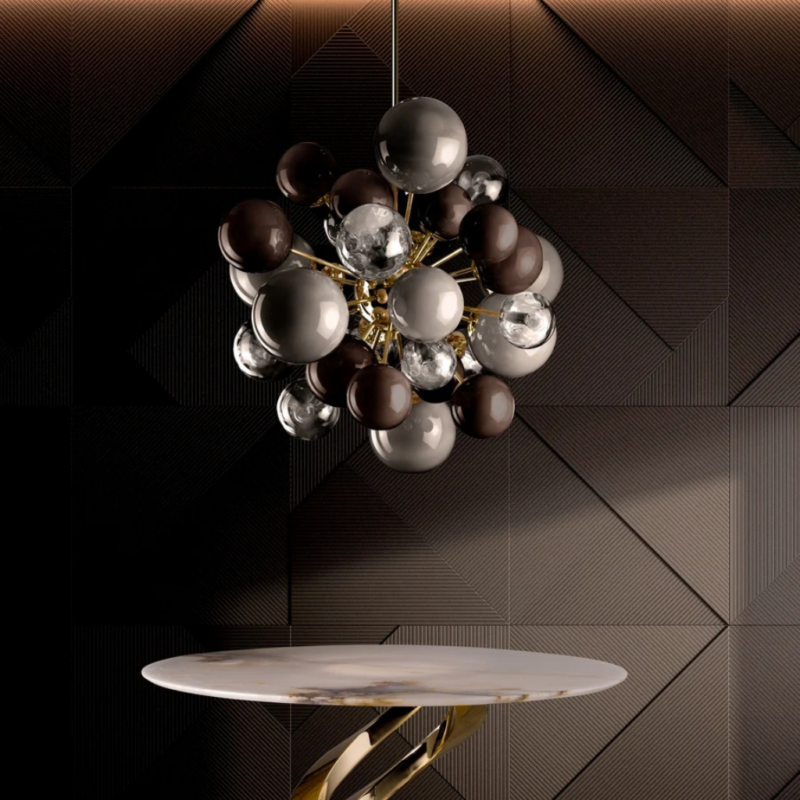LADY V TABACCO CHANDELIER 18 LIGHTS — sputnik-style 24ct gold brass with grey and tobacco Murano glass spheres, handmade in Italy, H100 x Ø90 cm