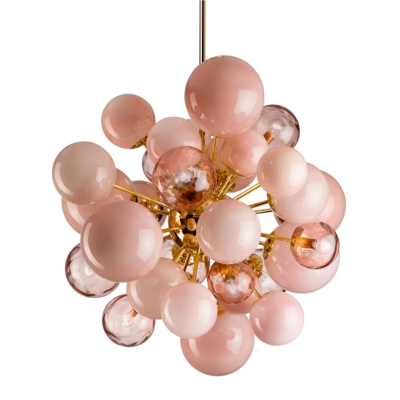 LADY V BLUSH CHANDELIER 18 LIGHTS — 24ct gold brass with blush and rose Murano glass spheres, handmade in Italy, H100 x Ø90 cm