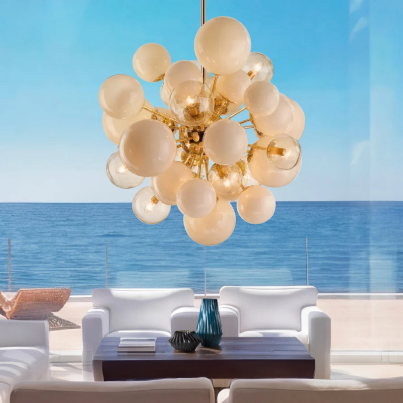 LADY V CREAM CHANDELIER 18 LIGHTS — cream and champagne Murano glass spheres on gold brass armature, handmade in Italy, H80 x Ø90 cm
