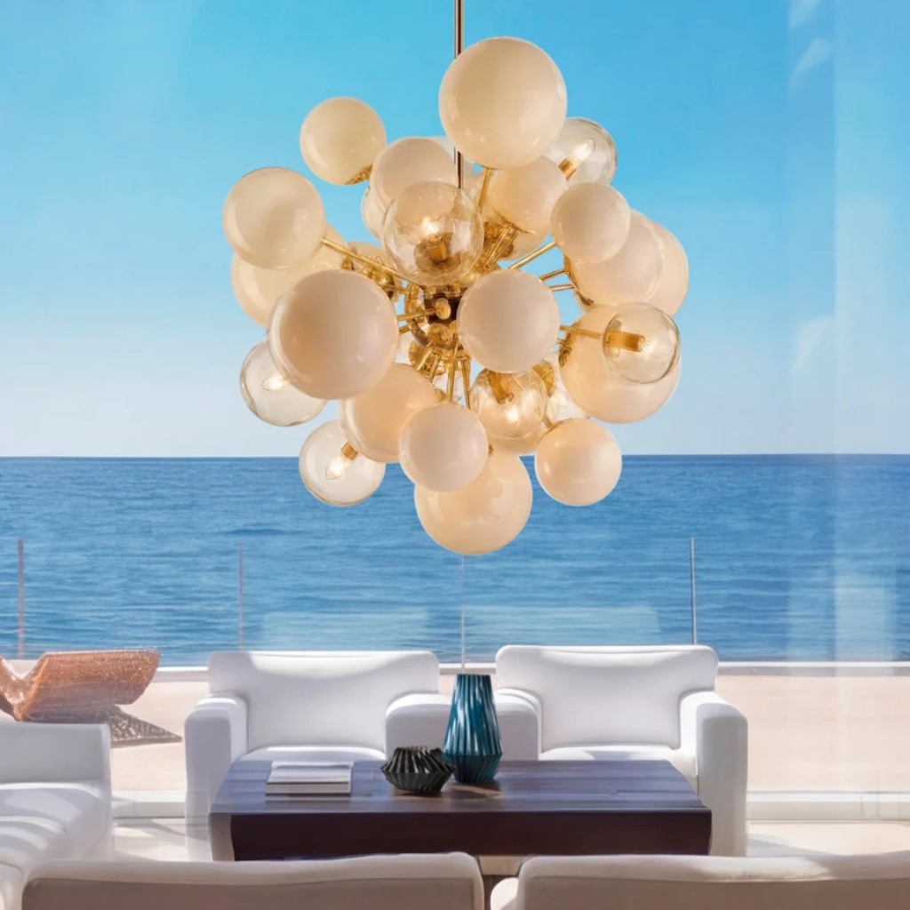 LADY V CREAM CHANDELIER 18 LIGHTS — cream and champagne Murano glass spheres on gold brass armature, handmade in Italy, H80 x Ø90 cm LADY V CREAM CHANDELIER 18 LIGHTS — cream and champagne Murano glass spheres on gold brass armature, handmade in Italy, H80 x Ø90 cm