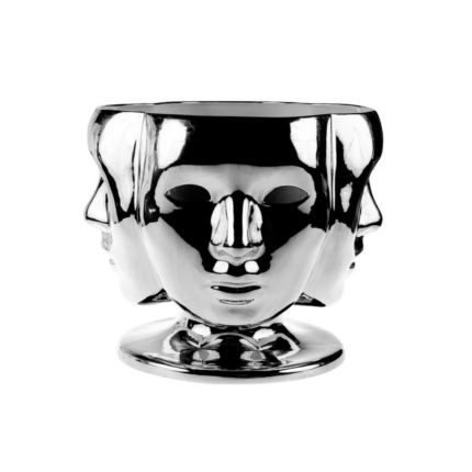 NOBODY BY FABIO NOVEMBRE PLATINUM — platinum mirror-glazed handmade porcelain four-face vase sculpture, H34 x Ø38 cm, Villari Italy