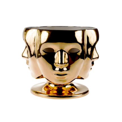 NOBODY BY FOBIO NOVEMBRE SHINY GOLD — mirror-polished shiny gold handmade porcelain four-face vase sculpture on pedestal, H34 x Ø38 cm, Villari Italy