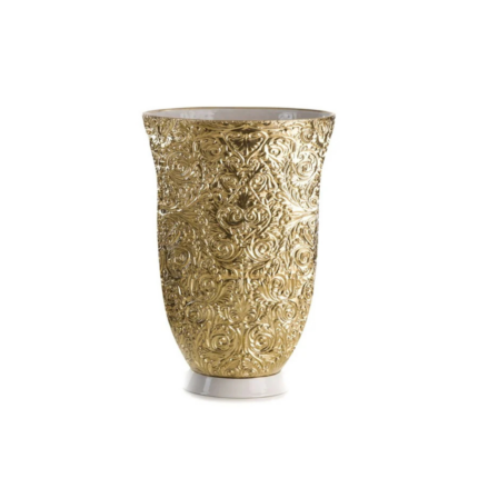 AMOUR SMALL VASE GOLD — hand-painted 24ct gold porcelain with raised macramé lace motif on white base, H30 x Ø20 cm, Villari Italy