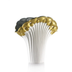 POPPY VASE WHITE GOLD — ribbed matte white porcelain vase with sculptural gold and grey handmade porcelain poppy blooms at the rim, Italy