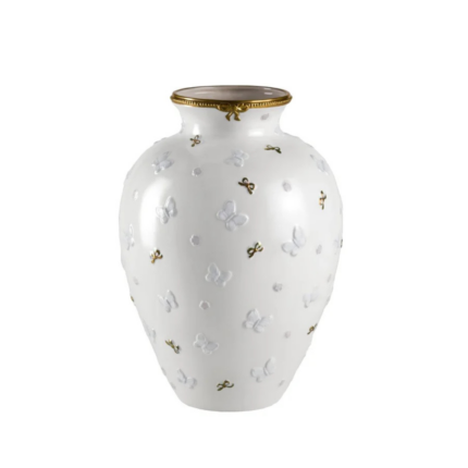 BUTTERFLY VASE WHITE GOLD — pearlescent porcelain with raised butterfly relief and 24ct gold bow accents