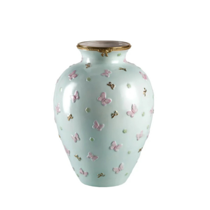 BUTTERFLY VASE AQUAMARINE — mint green porcelain urn with raised pink butterfly relief and 24ct gold bow accents