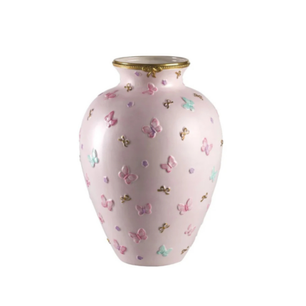 BUTTERFLY VASE PINK — pastel pink porcelain urn with multicolour raised butterfly relief and 24ct gold bow accents