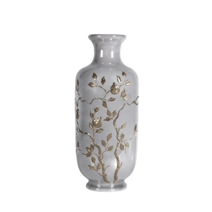 DAFNE SMALL VASE PEARLY GREY PLATINUM — grey porcelain with raised platinum cherry blossom branch relief and butterfly, H38 x Ø15 cm