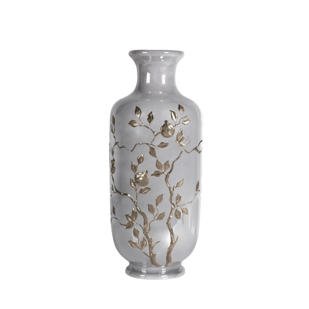 DAFNE SMALL VASE PEARLY GREY PLATINUM — grey porcelain with raised platinum cherry blossom branch relief and butterfly, H38 x Ø15 cm DAFNE SMALL VASE PEARLY GREY PLATINUM — grey porcelain with raised platinum cherry blossom branch relief and butterfly, H38 x Ø15 cm