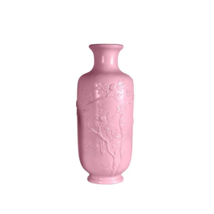 DAFNE SMALL VASE PINK GOLD — pastel pink porcelain with raised cherry blossom branch relief and 24ct gold accents, H38 x Ø15 cm