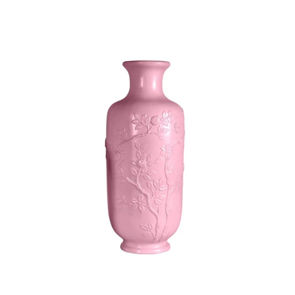 DAFNE SMALL VASE PINK GOLD — pastel pink porcelain with raised cherry blossom branch relief and 24ct gold accents, H38 x Ø15 cm DAFNE SMALL VASE PINK GOLD — pastel pink porcelain with raised cherry blossom branch relief and 24ct gold accents, H38 x Ø15 cm