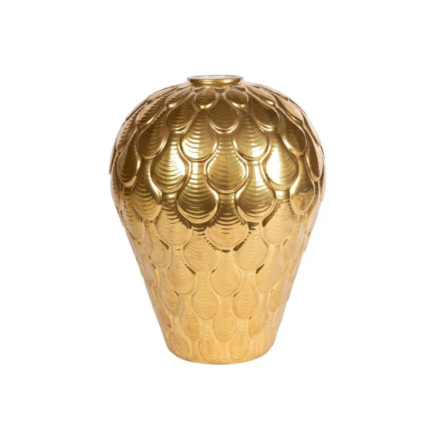 COQUILLE LARGE VASE GOLD — rounded handmade porcelain with raised overlapping shell scale motif hand-painted in 24ct gold