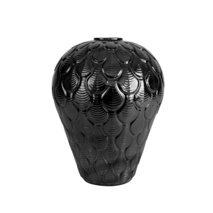 COQUILLE LARGE VASE BLACK — rounded porcelain with raised overlapping shell scale motif in lustrous midnight black glaze