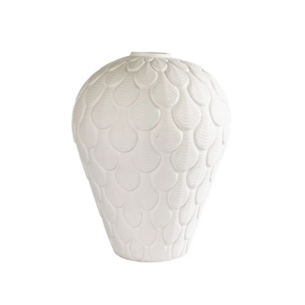 COQUILLE LARGE VASE MATT WHITE — rounded porcelain with raised overlapping shell scale motif in crisp matte white bisque finish