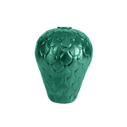 COQUILLE LARGE VASE GREEN — rounded porcelain with raised overlapping shell scale motif in glossy peacock green glaze