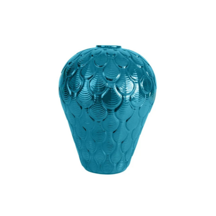 COQUILLE LARGE VASE OCTANE — rounded porcelain with raised overlapping shell scale motif in glossy electric teal glaze