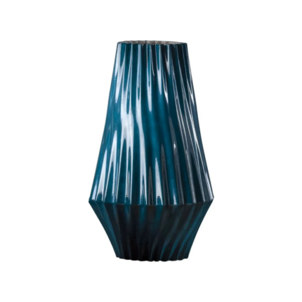 VERTIGO LARGE VASE OCTANE — diamond-faceted ribbed porcelain in glossy deep teal by Ciarmoli Queda Studio, H40 x Ø23 cm