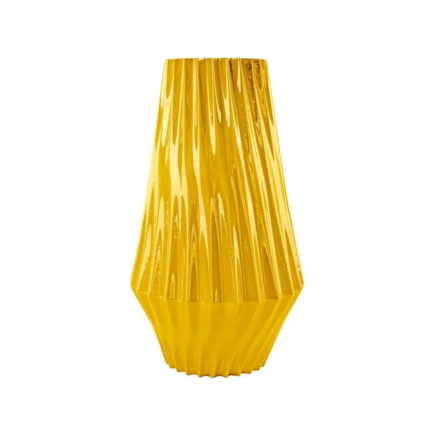 VERTIGO LARGE VASE YELLOW — diamond-faceted ribbed porcelain in glossy chrome yellow by Ciarmoli Queda Studio, H40 x Ø23 cm