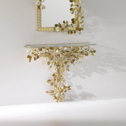 MARIE ANTOINETTE CONSOLE 120 CM GOLD WHITE — 24ct gold-plated brass with cascading vines and handmade white porcelain roses, glass top, H90 x L120 x W30 cm