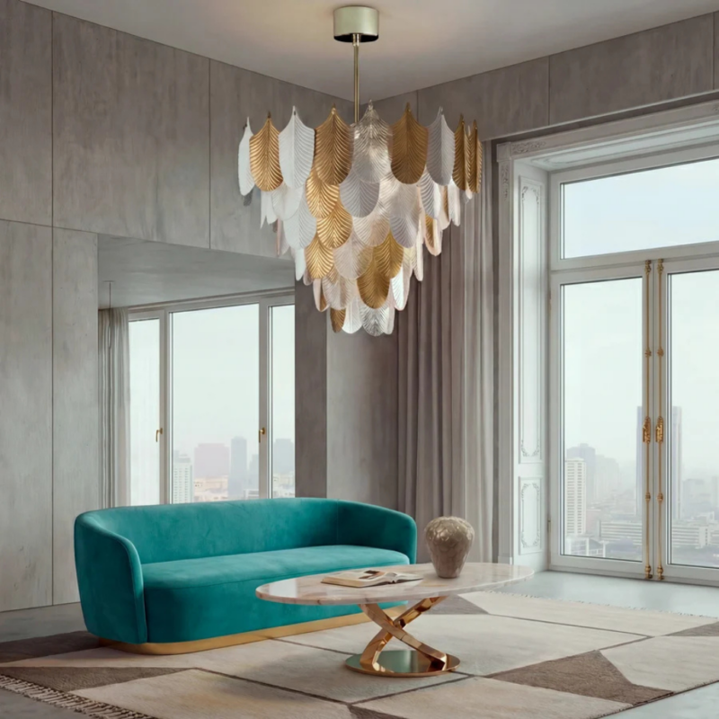 PEACOCK MEDIUM CHANDELIER 12 LIGHTS SANTORINI — tiered brass with white and gold porcelain and Murano glass feather shades, H110 x Ø90 cm