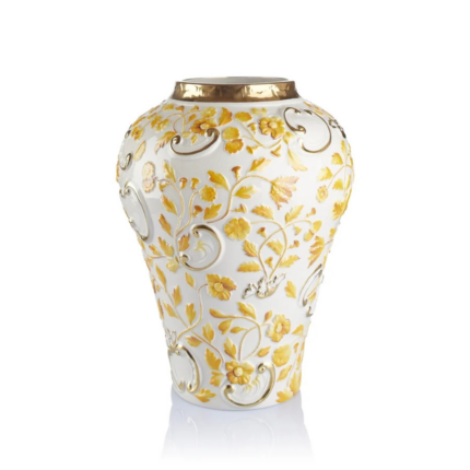 TAORMINA LARGE VASE ZAFFERANO GOLD in white fine porcelain with raised relief floral motifs hand-painted in saffron yellow and 24ct gold, handmade in Italy