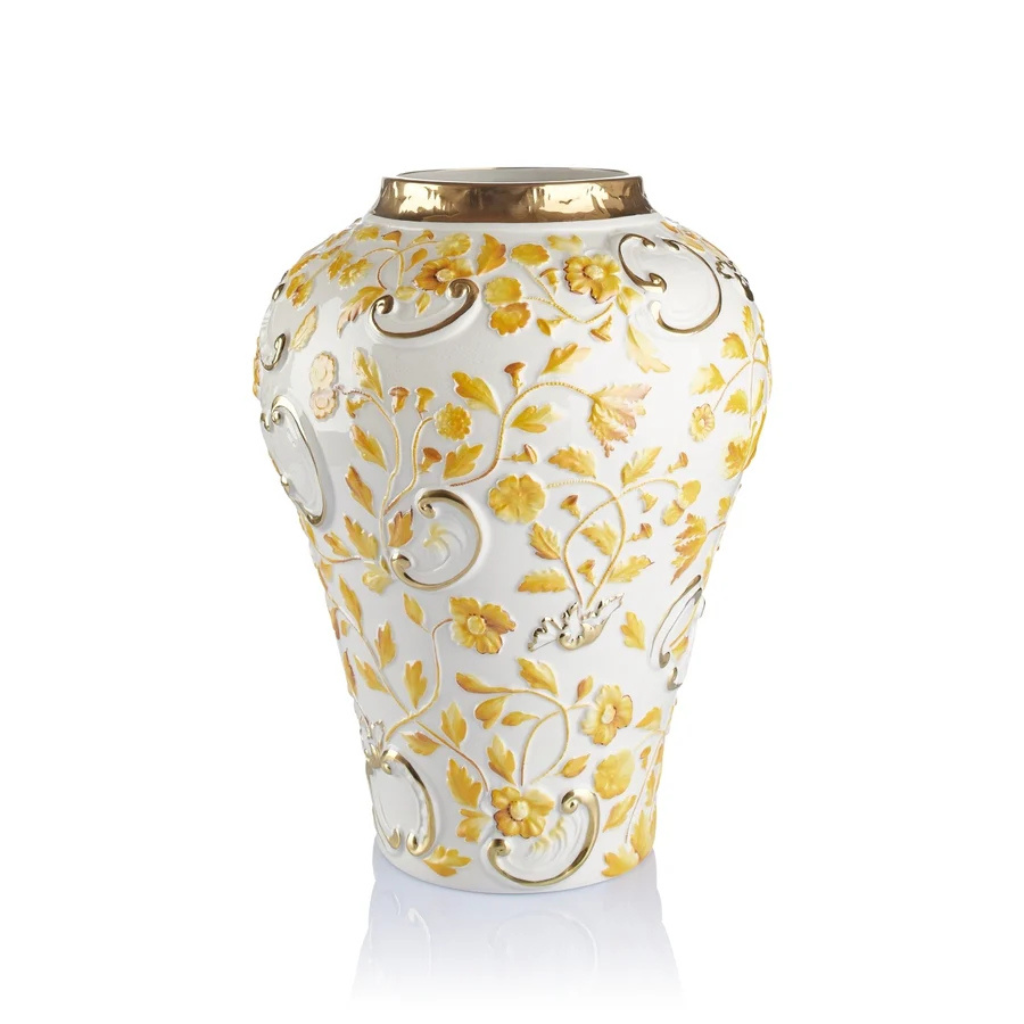 TAORMINA LARGE VASE ZAFFERANO GOLD in white fine porcelain with raised relief floral motifs hand-painted in saffron yellow and 24ct gold, handmade in Italy TAORMINA LARGE VASE ZAFFERANO GOLD in white fine porcelain with raised relief floral motifs hand-painted in saffron yellow and 24ct gold, handmade in Italy