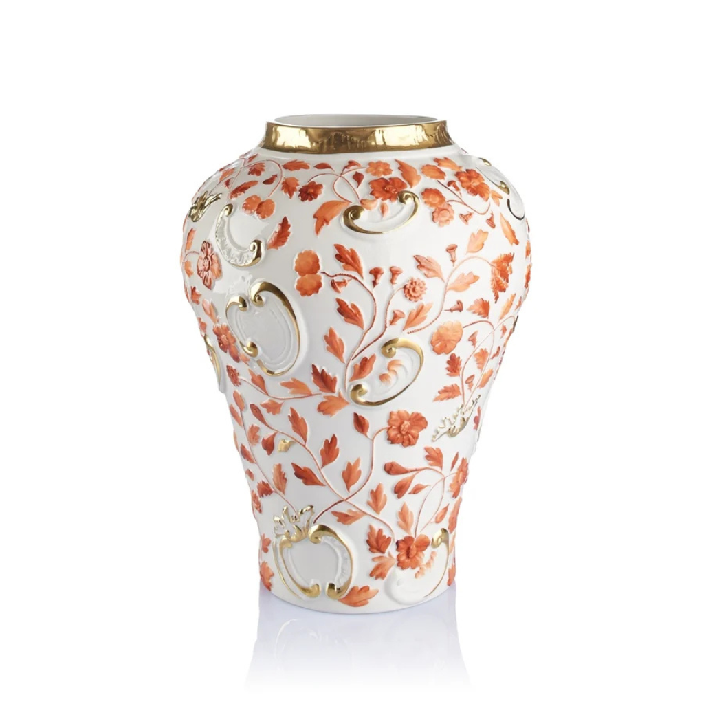 TAORMINA LARGE VASE TERRACOTTA GOLD in white fine porcelain with raised relief floral motifs hand-painted in terracotta orange and 24ct gold, handmade in Italy TAORMINA LARGE VASE TERRACOTTA GOLD in white fine porcelain with raised relief floral motifs hand-painted in terracotta orange and 24ct gold, handmade in Italy